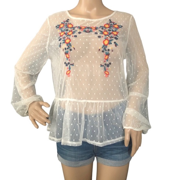 Mesh polka dot boho Flower vine appliqué off white long sleeve peplum top sz L - Picture 8 of 8